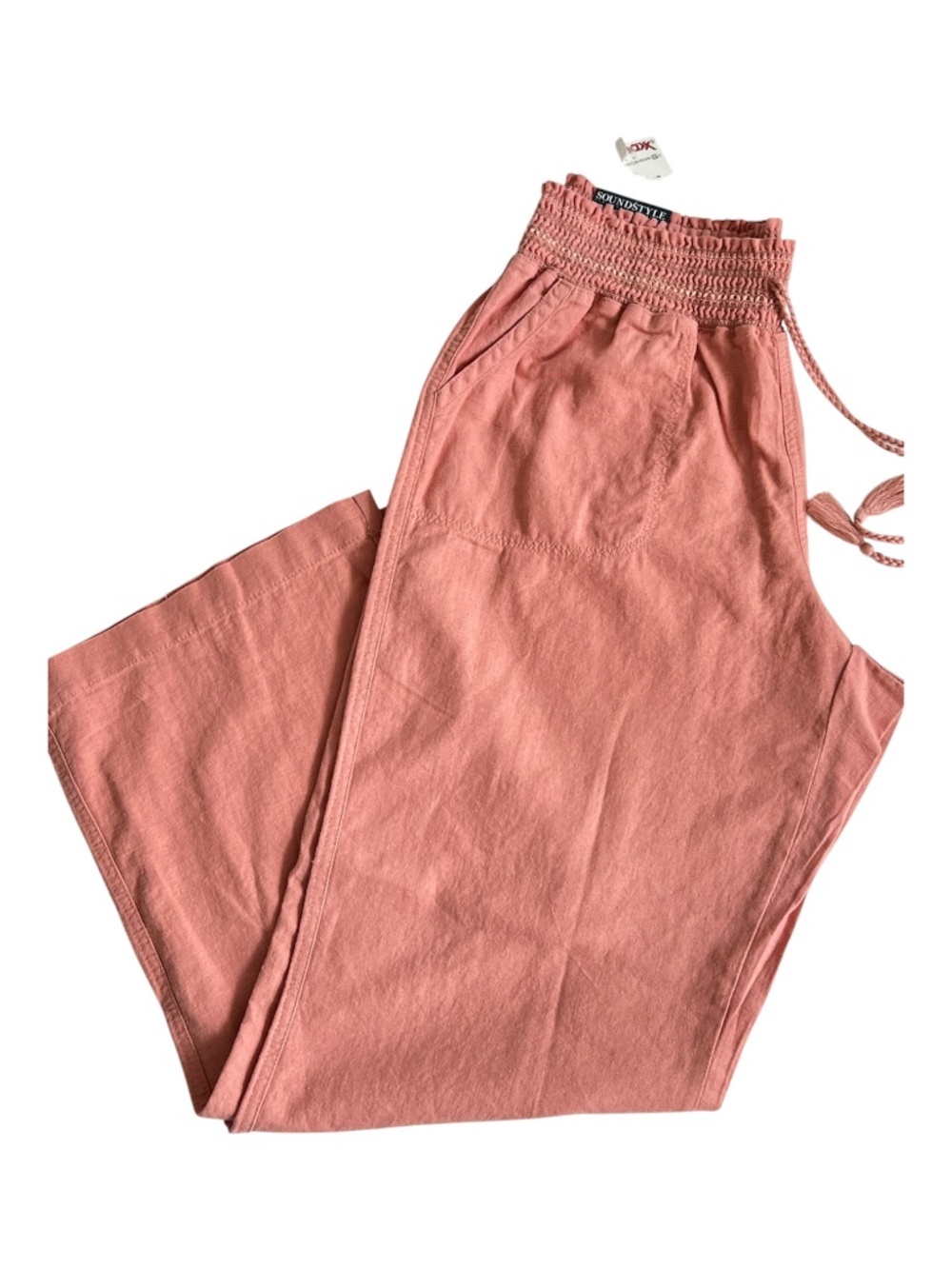 Sound/Style Beach Pants XL Linen Blend Wide Leg Elastic Waist Smocked Peach NEW